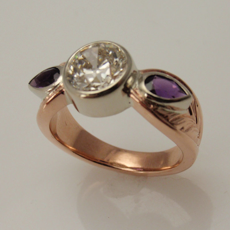 Custom Diamond & Amethyst Bezel Set Ring