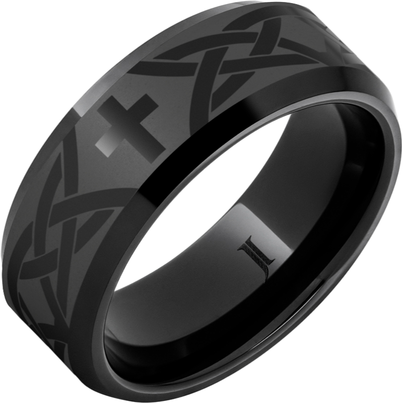 Black Diamond Ceramic - Christian Cross and Knot Beveled Ring