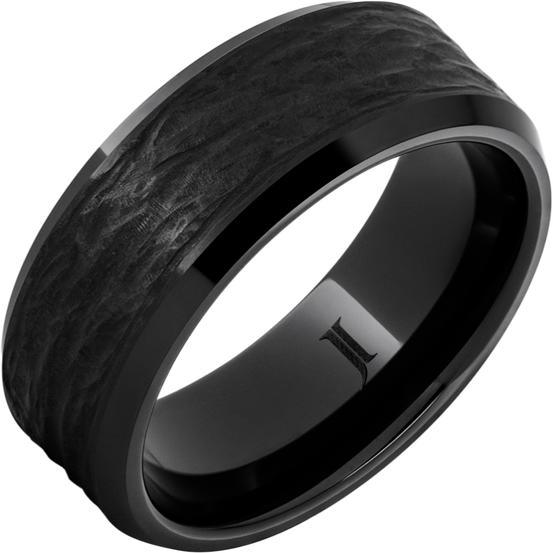 Black Diamond Ceramic - Ring with Hand Carved Bark Engraving