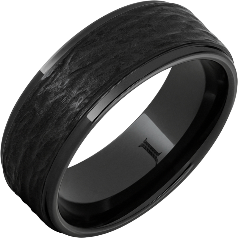 Black Diamond Ceramic - Ring with Hand Carved Bark Engraving