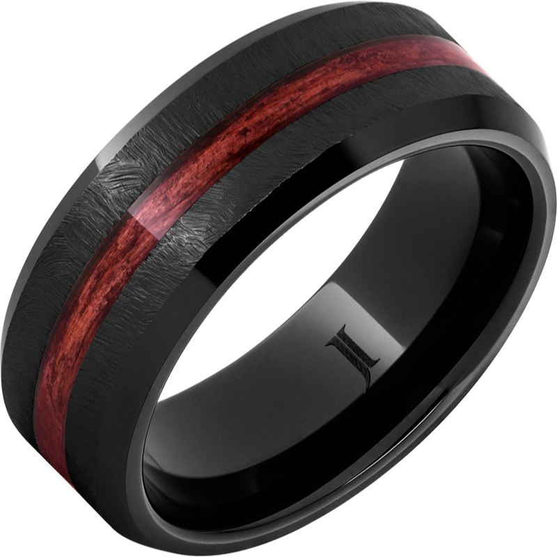 Barrel Aged - Black Diamond Ceramic - Ring with Cabernet Wood Inlay and Grain Finish