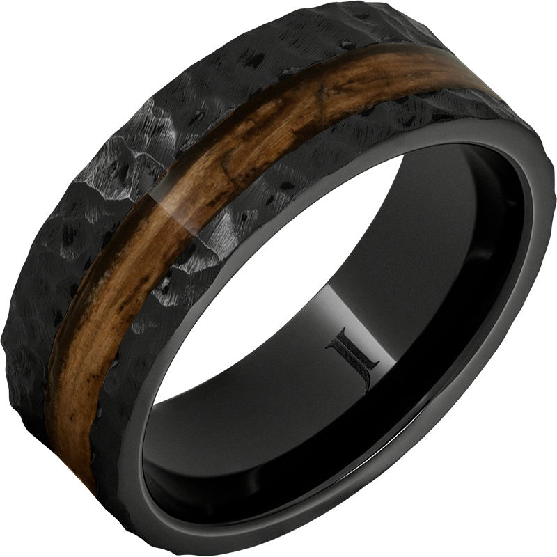 Barrel Aged - Black Diamond Ceramic - Ring with Bourbon Wood Inlay and Moon Crater Carving