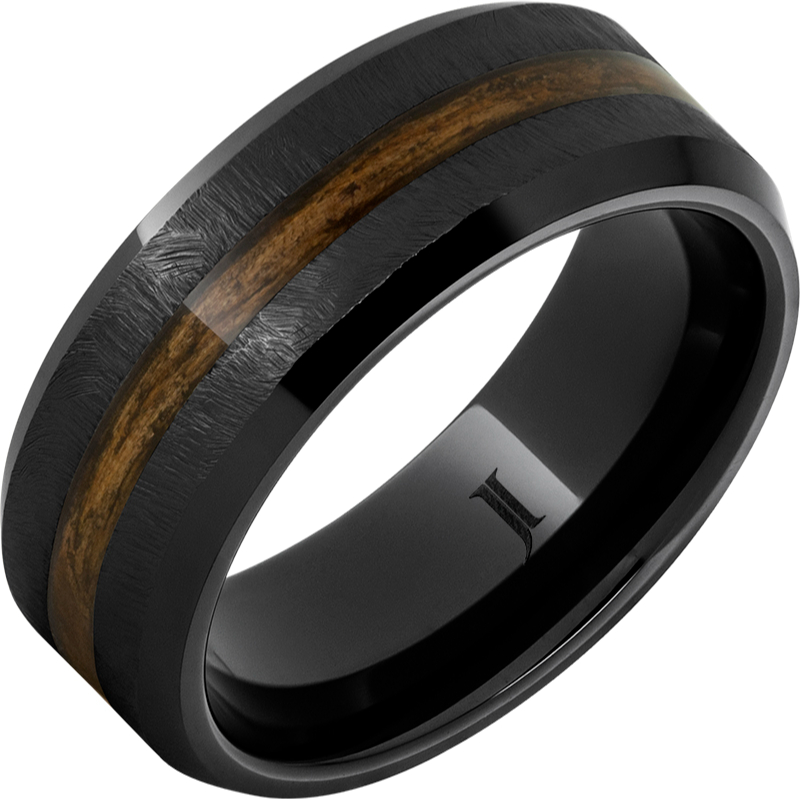 Barrel Aged - Black Diamond Ceramic - Ring with Bourbon Wood Inlay and Grain Finish