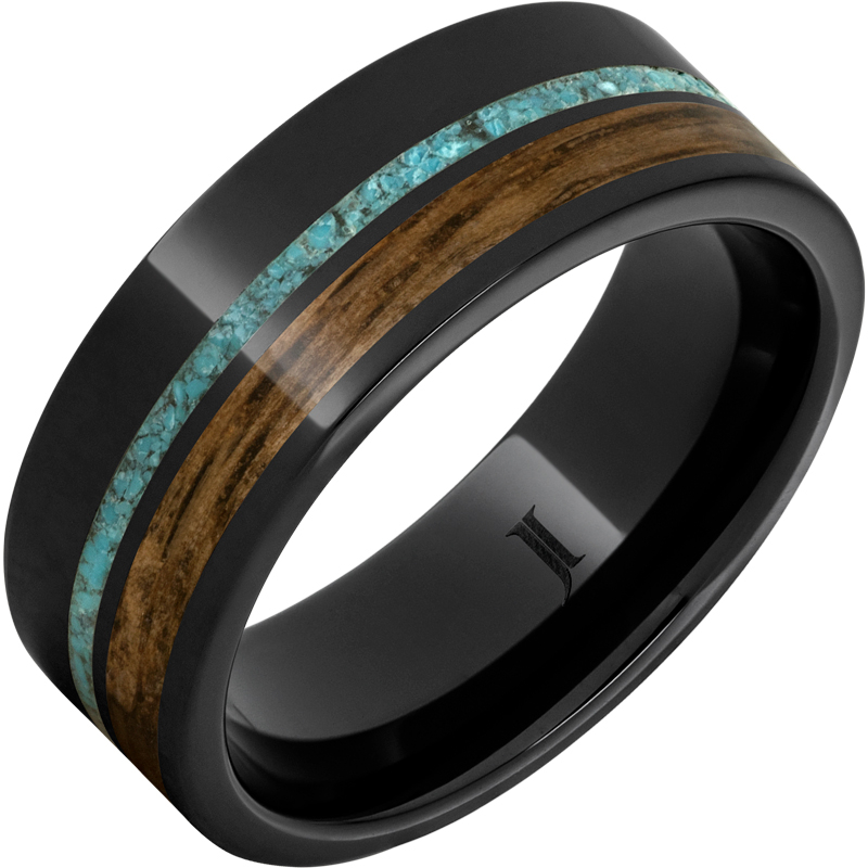 Barrel Aged - Black Diamond Ceramic - Ring with Bourbon Wood and Turquoise Inlays