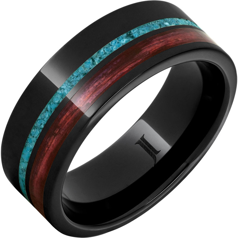 Barrel Aged - Black Diamond Ceramic - Ring with Cabernet Wood and Turquoise Inlays