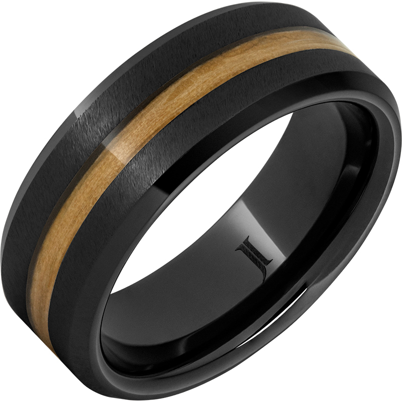 Barrel Aged - Black Diamond Ceramic - Ring with Chardonnay Wood Inlay and Grain Finish