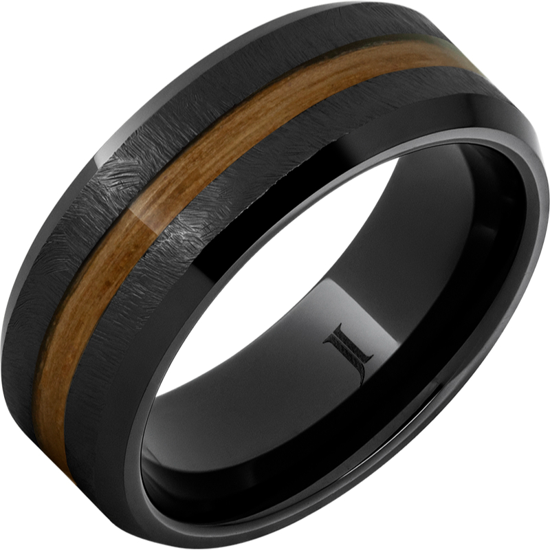 Barrel Aged - Black Diamond Ceramic - Ring with Single Malt Scotch Whiskey Wood Inlay and Grain Finish