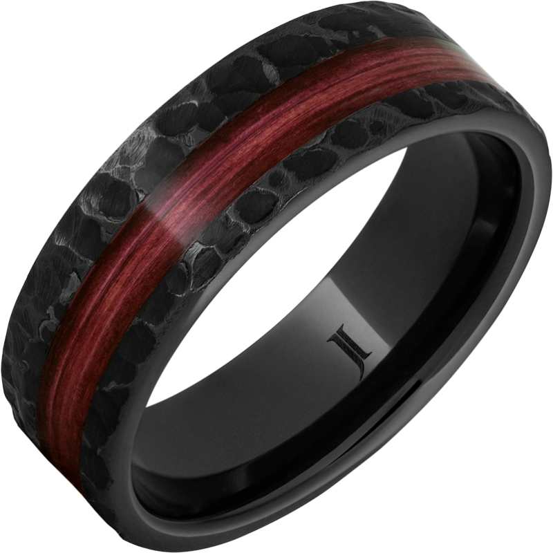 Barrel Aged - Black Diamond Ceramic - Ring with Cabernet Wood Inlay and Moon Crater Carving