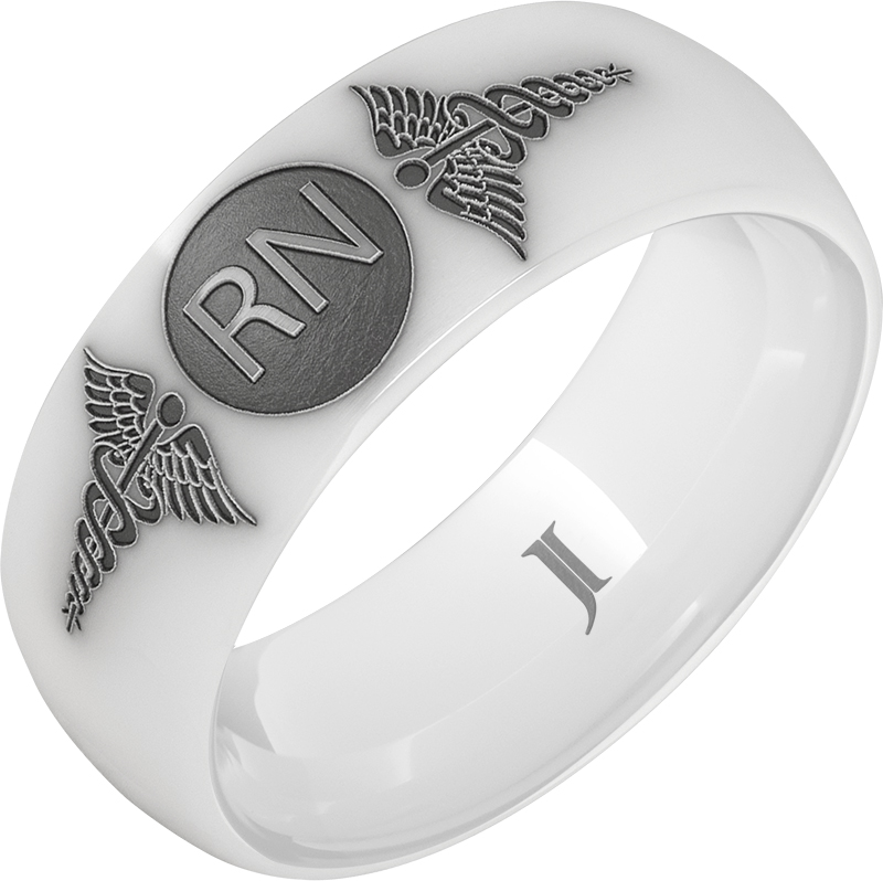 White Ceramic Ring With Caduceus - Registered Nurse