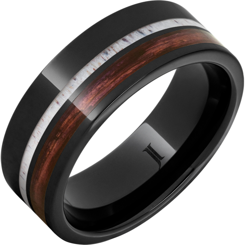 Barrel Aged - Black Diamond Ceramic - Ring with Cabernet Wood and Deer Antler Inlays