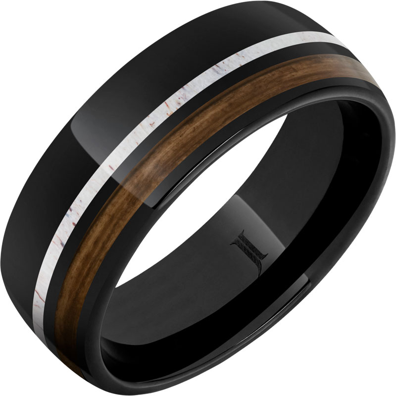 Barrel Aged - Black Diamond Ceramic - Ring with Bourbon Wood and Deer Antler Inlays