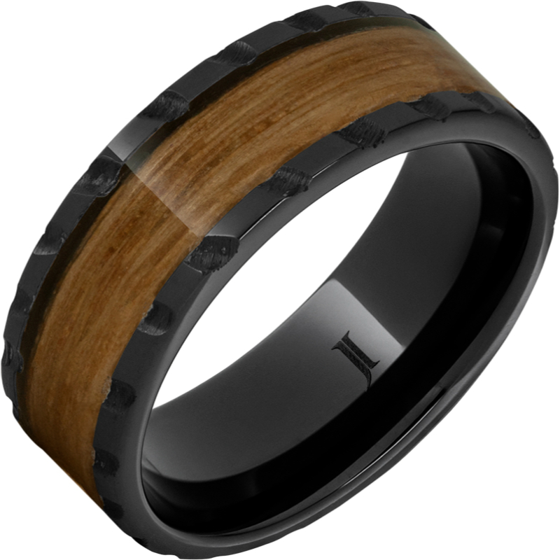 Barrel Aged - Black Diamond Ceramic - Ring with Single Malt Scotch Whiskey Inlay and Scored Finish