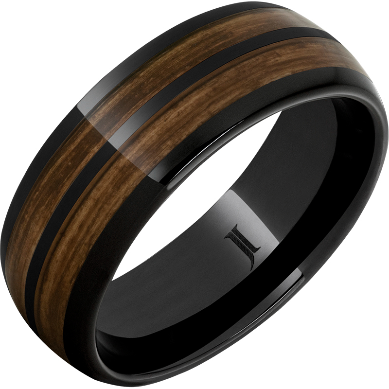 Double Barrel - Barrel Aged - Black Diamond Ceramic - Dome Ring with Bourbon Inlays