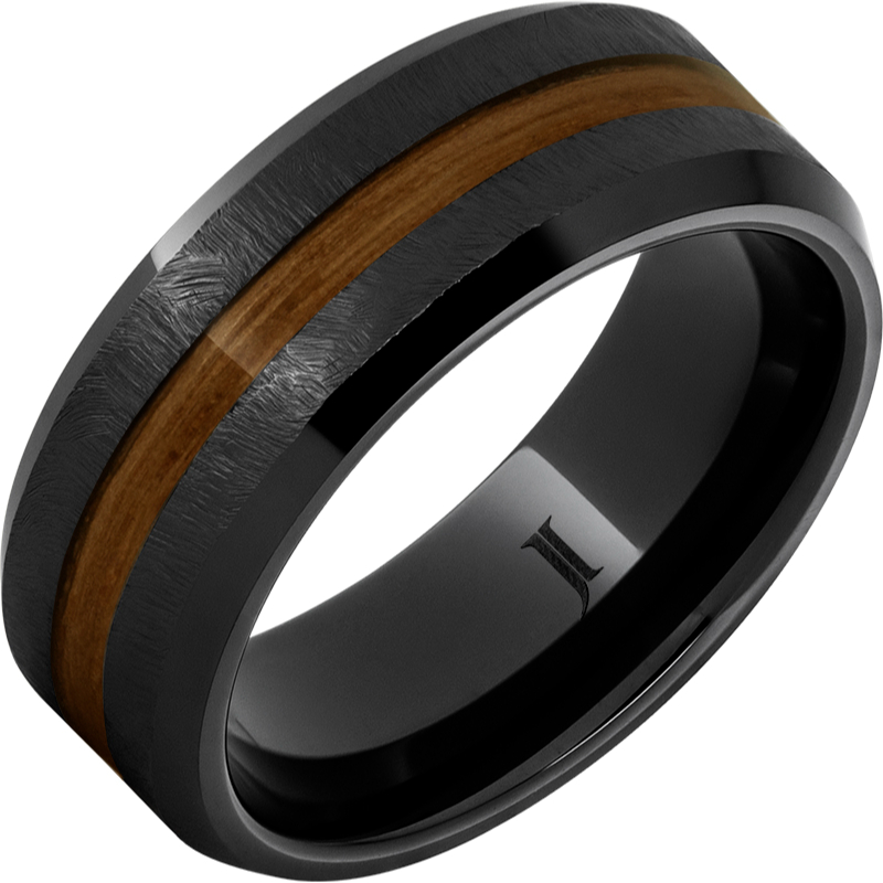 Barrel Aged - Black Diamond Ceramic - Ring with Rye Whiskey Wood Inlay