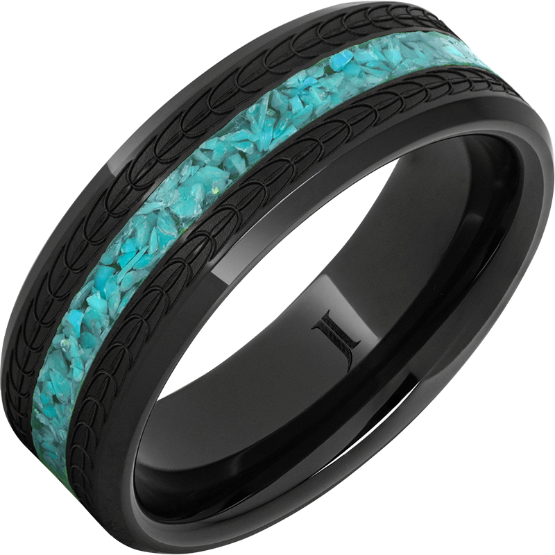 Black Diamond Ceramic ?Turquoise Ring with Eagle Feather Engraving