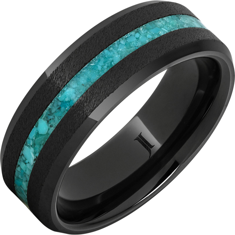 Black Diamond Ceramic - Ring with Turquoise Inlay and Grain Finish