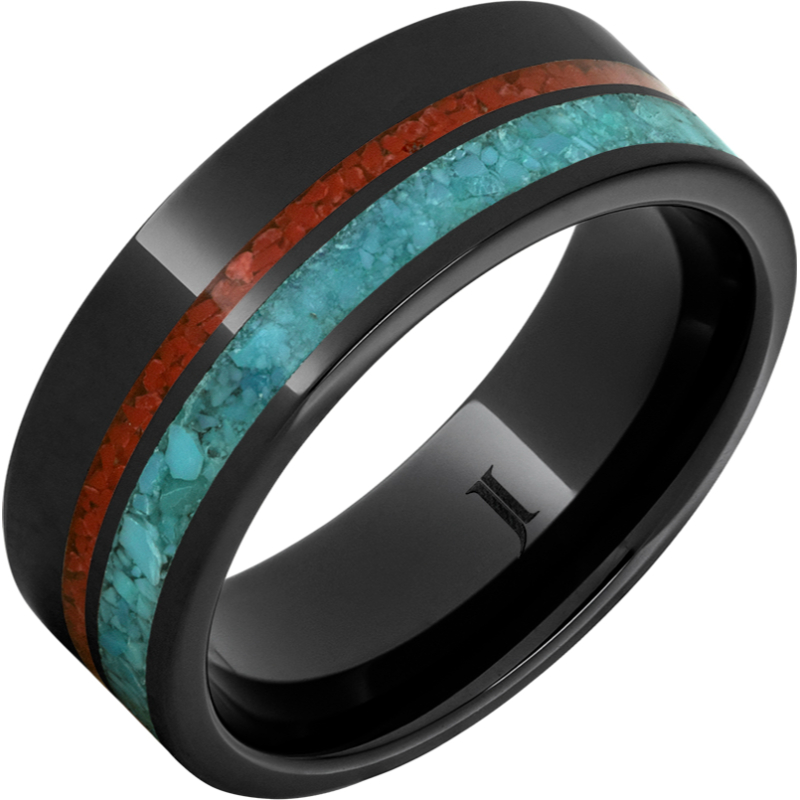 Black Diamond Ceramic - Ring with Coral and Turquoise Inlays