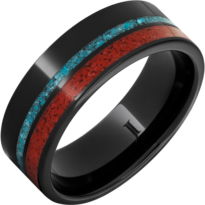 Black Diamond Ceramic - Ring with Coral and Turquoise Inlays