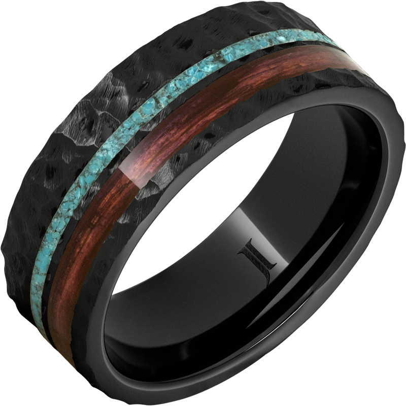 Barrel Aged - Black Diamond Ceramic - Ring with Cabernet and Turquoise Inlays and Moon Crater Carving