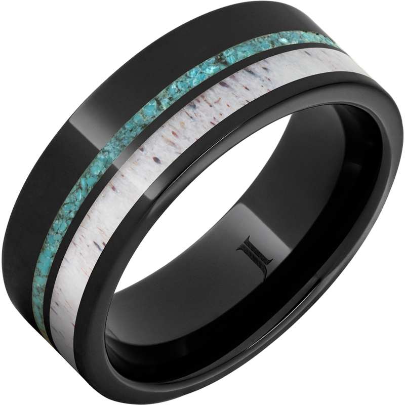 Black Diamond Ceramic - Ring with Turquoise and Antler Inlays