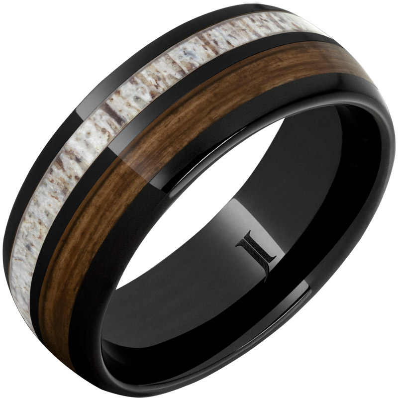 Barrel Aged - Black Diamond Ceramic - Ring with Bourbon Barrel Wood and Antler Inlays