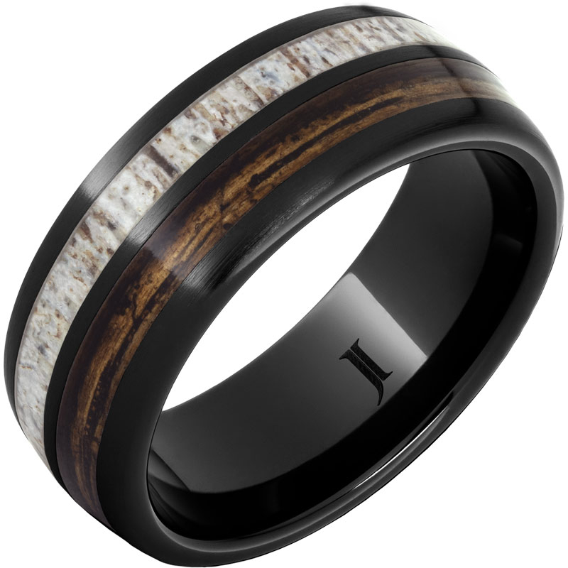 Barrel Aged - Black Diamond Ceramic - Ring with Bourbon Barrel Wood and Antler Inlays Satin