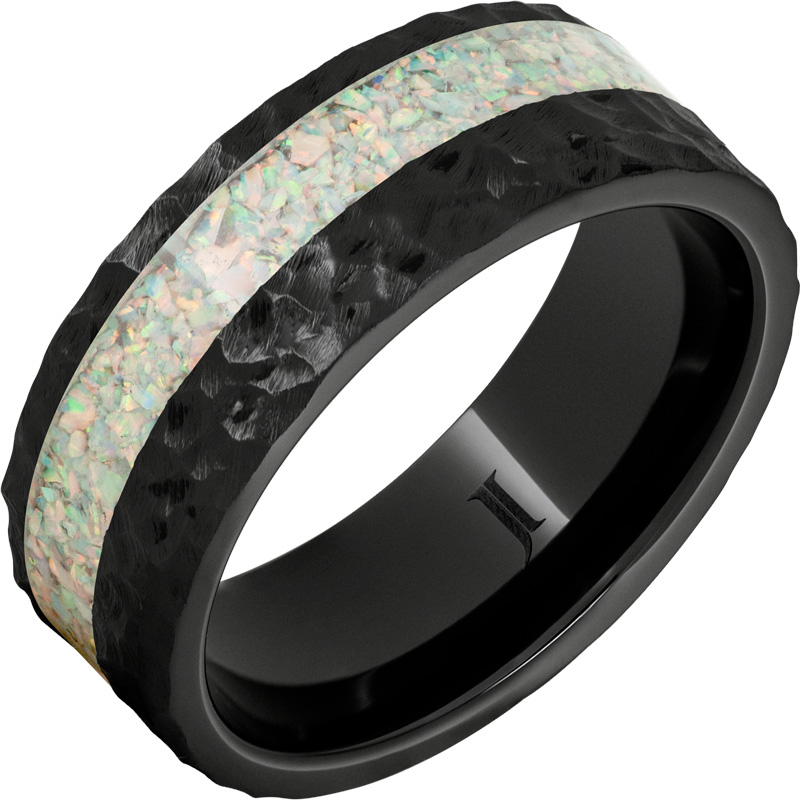 Black Diamond Ceramic - Opal Inlay Ring with Hand Carved Surface