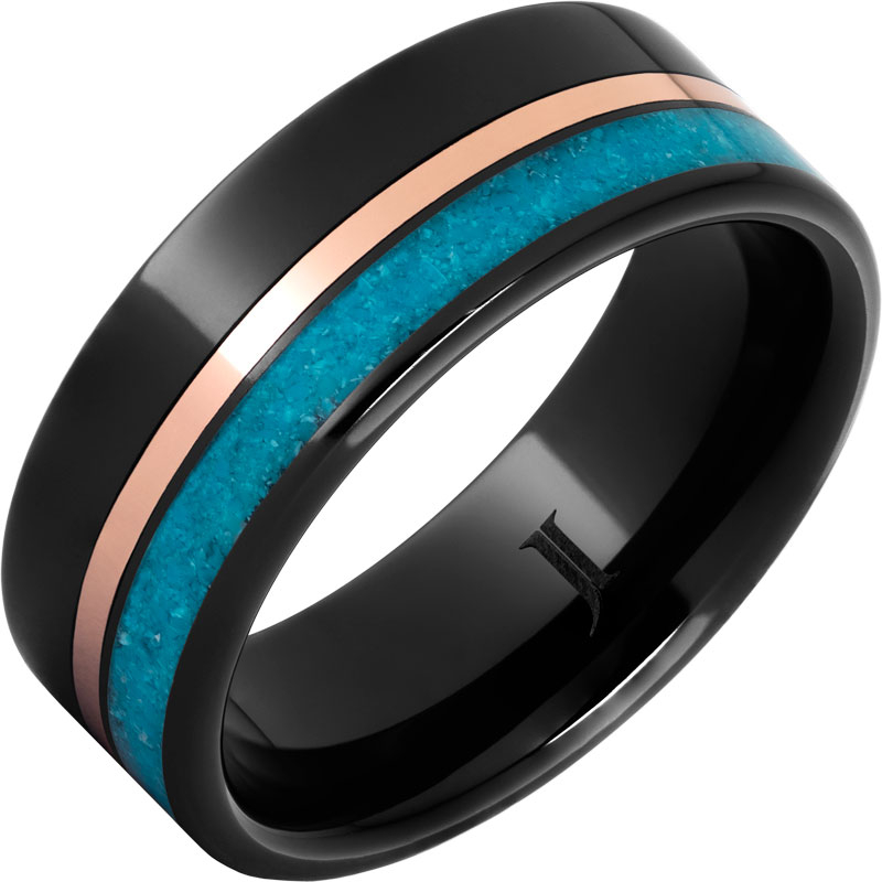 Black Diamond Ceramic - Ring With 14K Rose Gold and Turquoise Inlays