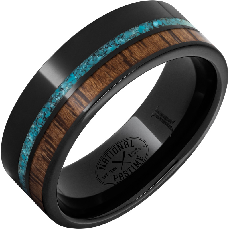 Black Diamond Ceramic - Ring with Hickory Vintage Baseball Bat Wood and Turquoise Inlays