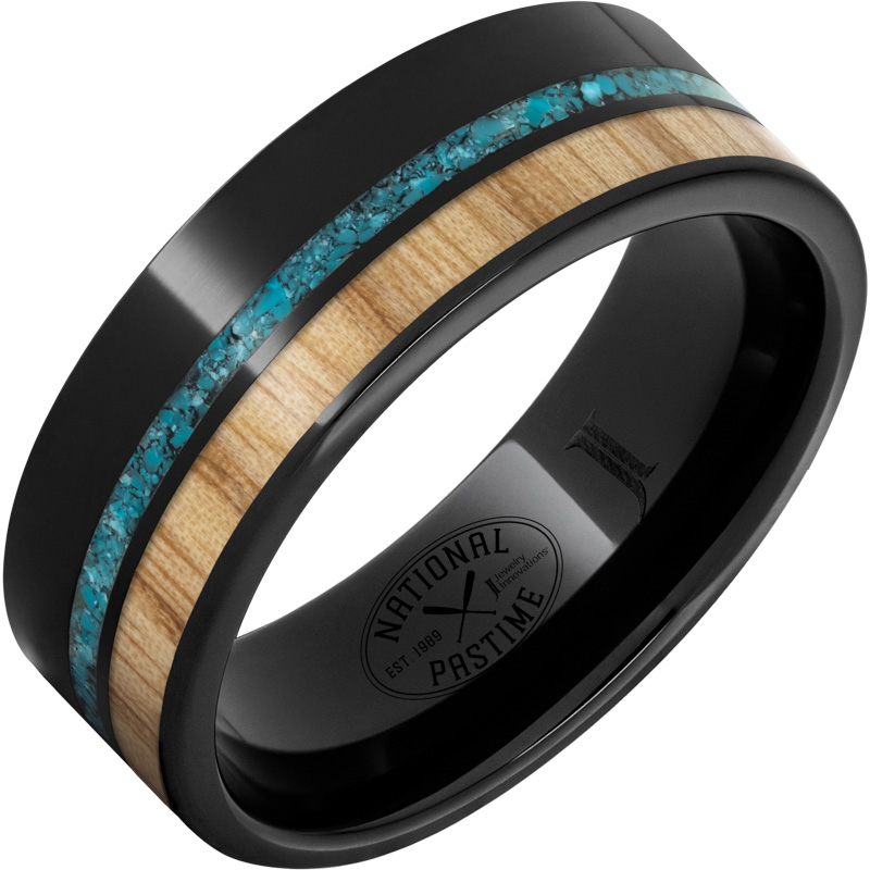 Black Diamond Ceramic - Ring with White Ash Vintage Baseball Bat Wood and Turquoise Inlays