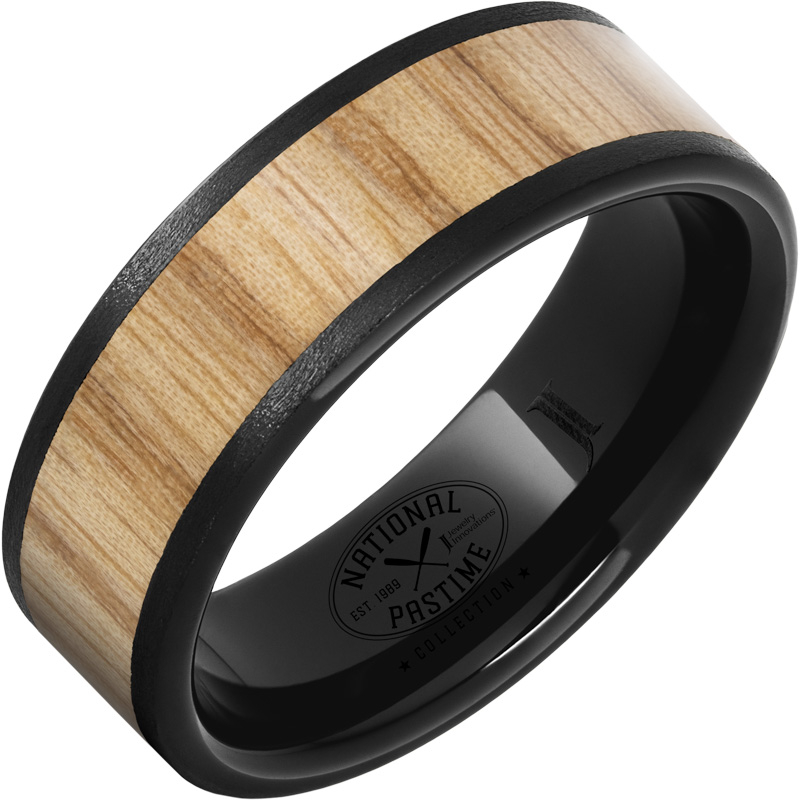 Black Diamond Ceramic - Ring with White Ash Vintage Baseball Bat Wood Inlay and Stone Finish