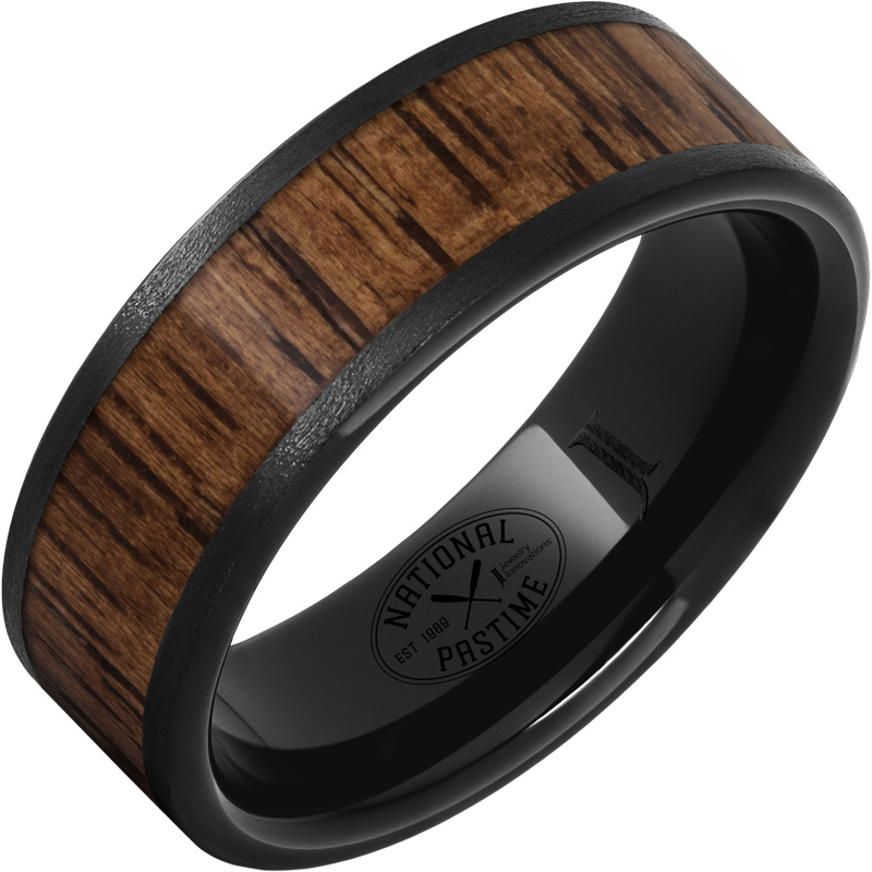 Black Diamond Ceramic - Ring with Hickory Vintage Baseball Bat Wood Inlay and Stone Finish