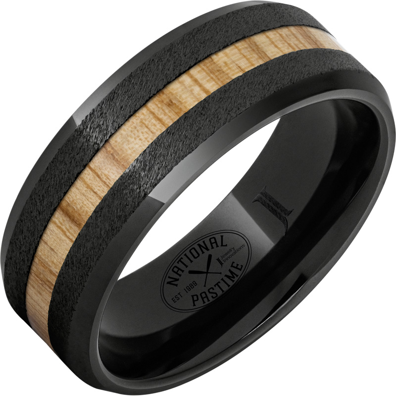 Black Diamond Ceramic - Ring with Vintage White Ash Baseball Bat Wood Inlay and Grain Finish