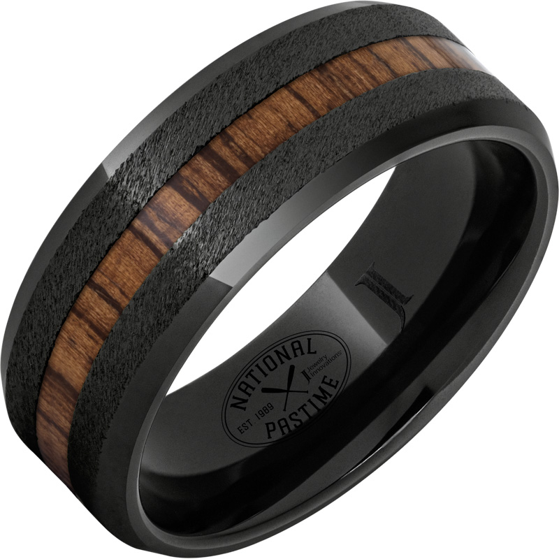 Black Diamond Ceramic - Ring with Vintage Hickory Baseball Bat Wood Inlay and Grain Finish