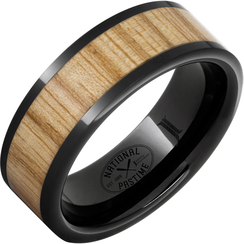 Black Diamond Ceramic - Ring with Vintage White Ash Baseball Bat Wood Inlay