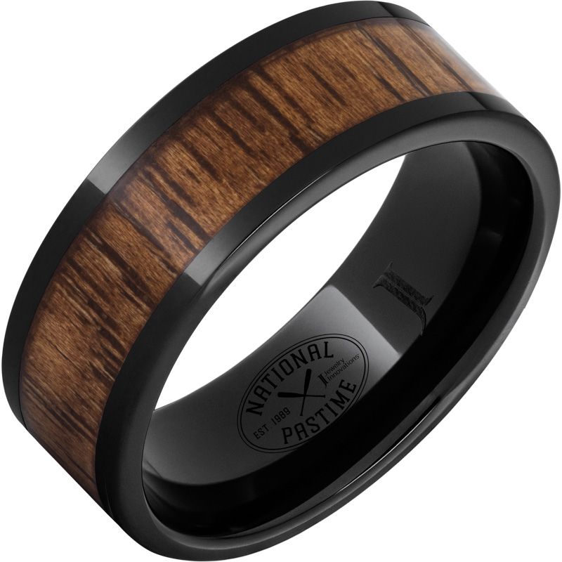 Black Diamond Ceramic - Ring with Vintage Hickory Baseball Bat Wood Inlay