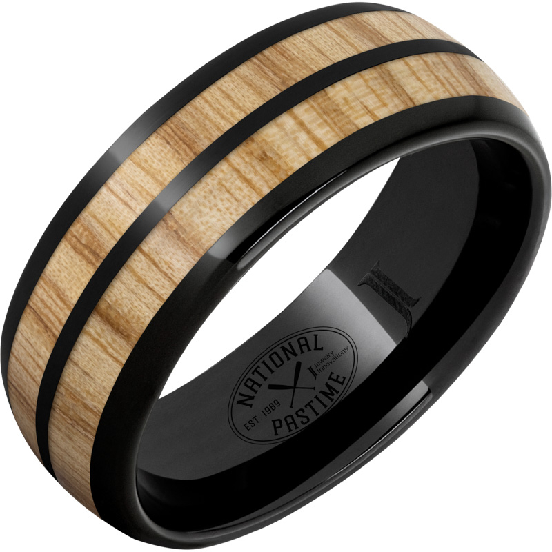 National Pastime Collection - Black Diamond Ceramic - Dome Ring with Vintage White Ash Baseball Bat Wood Inlays