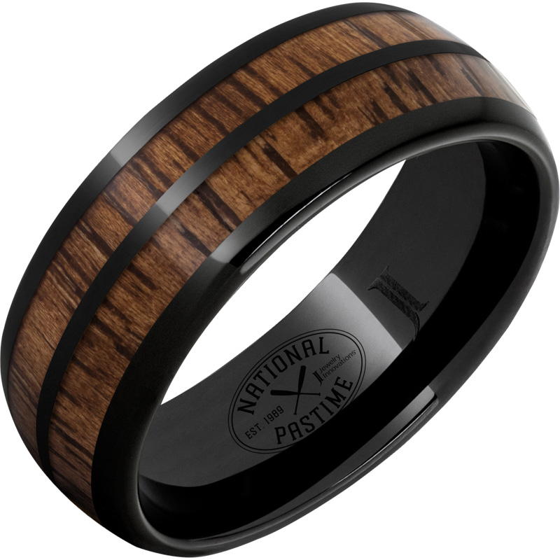 National Pastime Collection - Black Diamond Ceramic - Dome Ring with Vintage Hickory Baseball Bat Wood Inlays