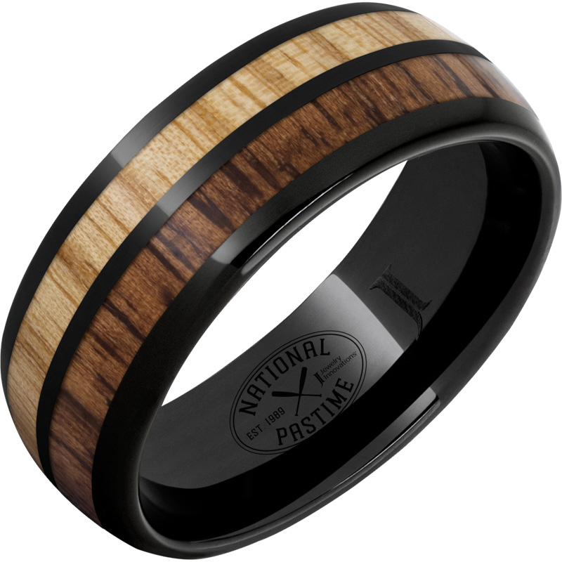 National Pastime Collection - Black Diamond Ceramic - Dome Ring with Hickory and White Ash Vintage Baseball Bat Wood Inlays