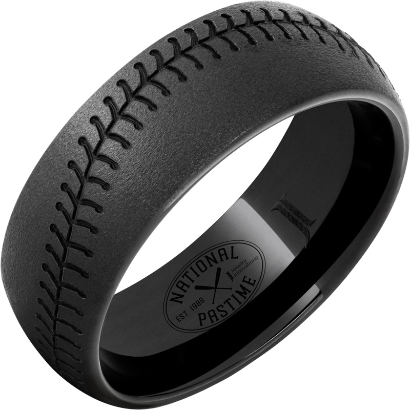 National Pastime Collection - Black Diamond Ceramic - Domed Baseball Stitch Ring with Stone Finish