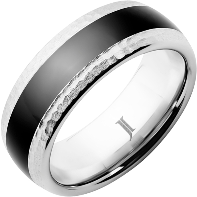 Serinium?Ring with Hammered Edges and Black Ceramic Inlay