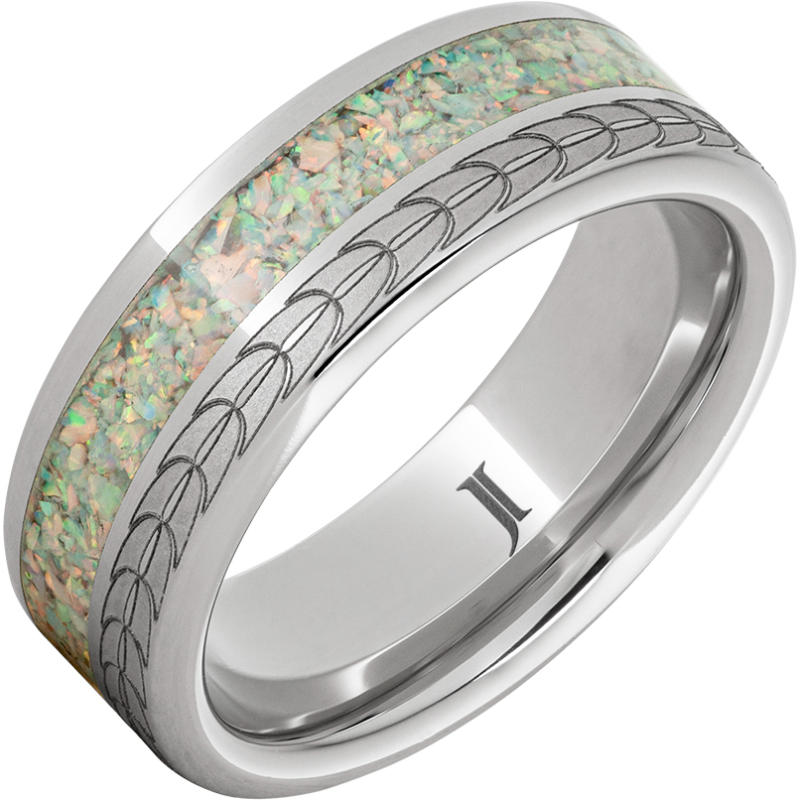 Aerie - Serinium?Opal Ring with Eagle Feather Engraving