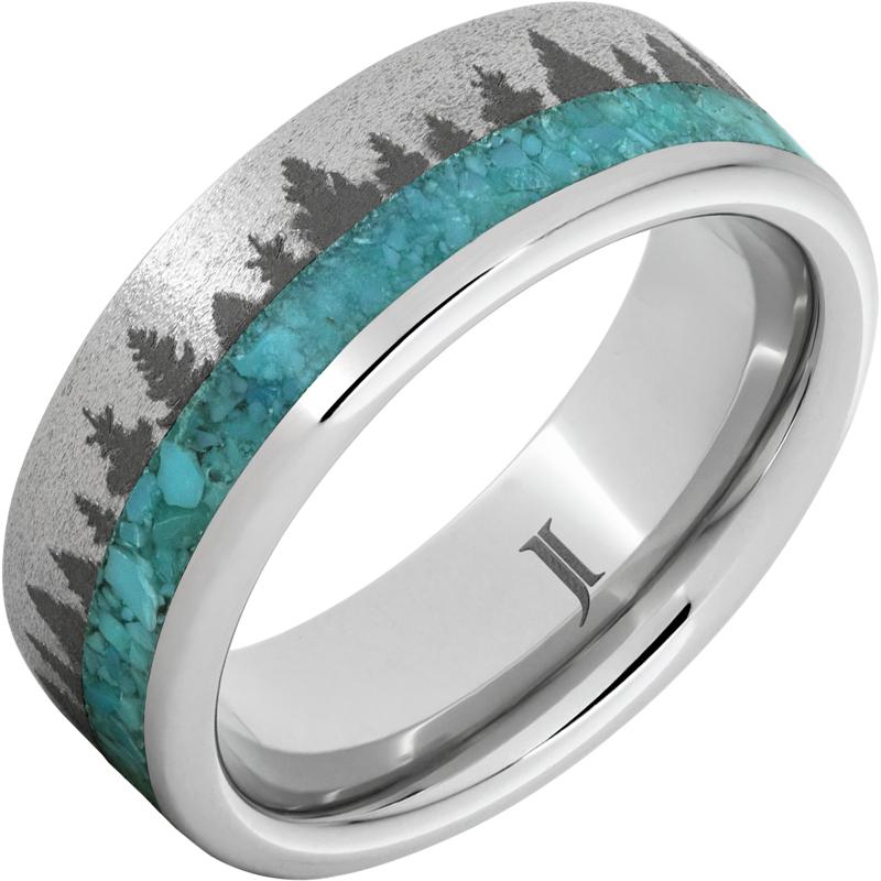 Serinium?Ring with Turquoise Inlay, Pine Forest Engraving and Stone Finish