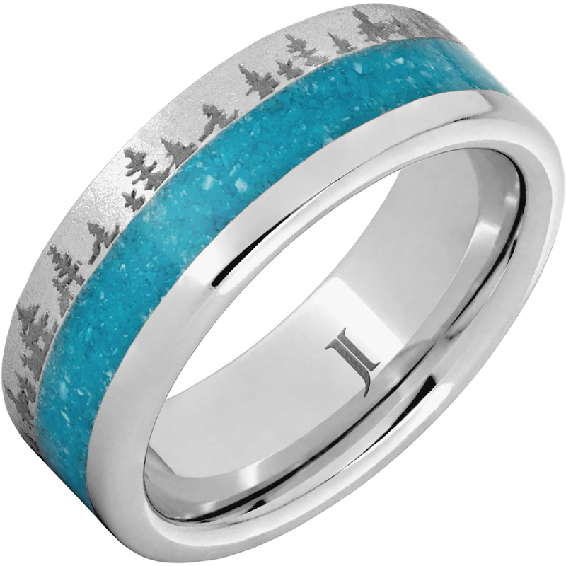 Serinium?Ring with Crushed Turquoise Inlay, Pine Forest Engraving and Stone Finish