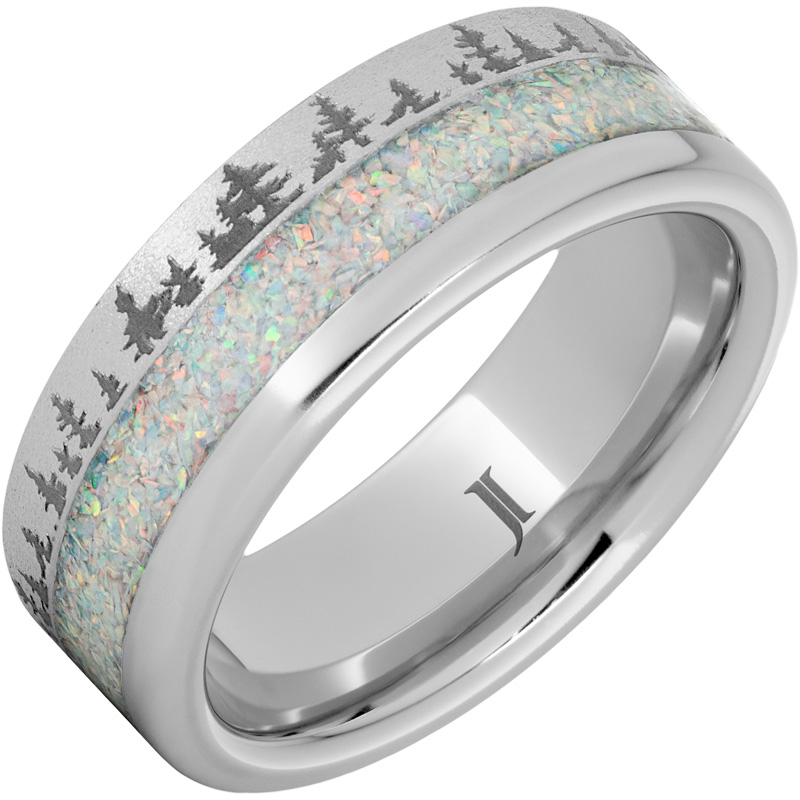 Serinium?Ring with Crushed Opal Inlay, Pine Forest Engraving and Stone Finish