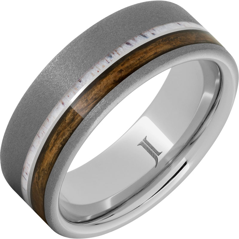 Barrel Aged - Serinium?Ring with Antler and Bourbon Wood Inlays and Sandblast Finish