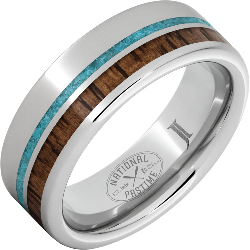 National Pastime Collection - Serinium?Ring with Hickory Vintage Baseball Bat Wood and Turquoise Inlays