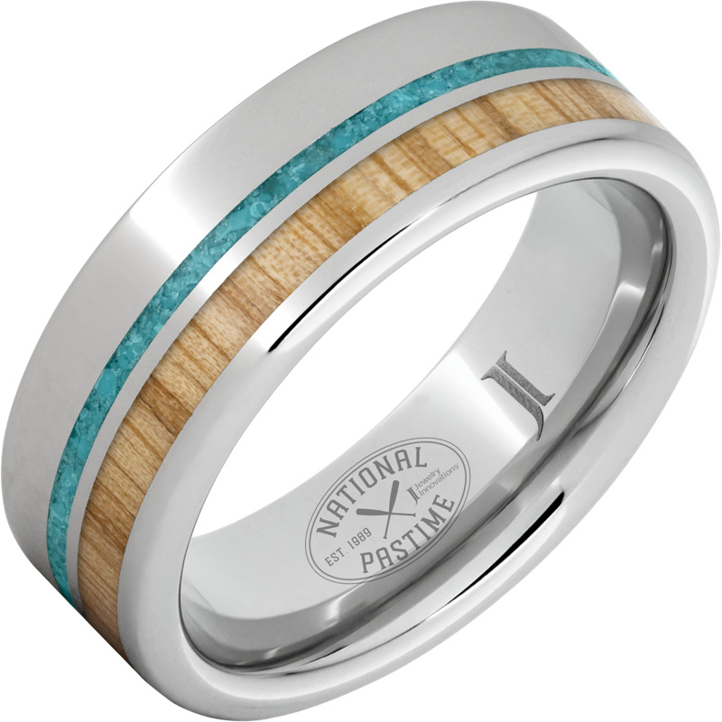 National Pastime Collection - Serinium?Ring with White Ash Vintage Baseball Bat Wood and Turquoise Inlays