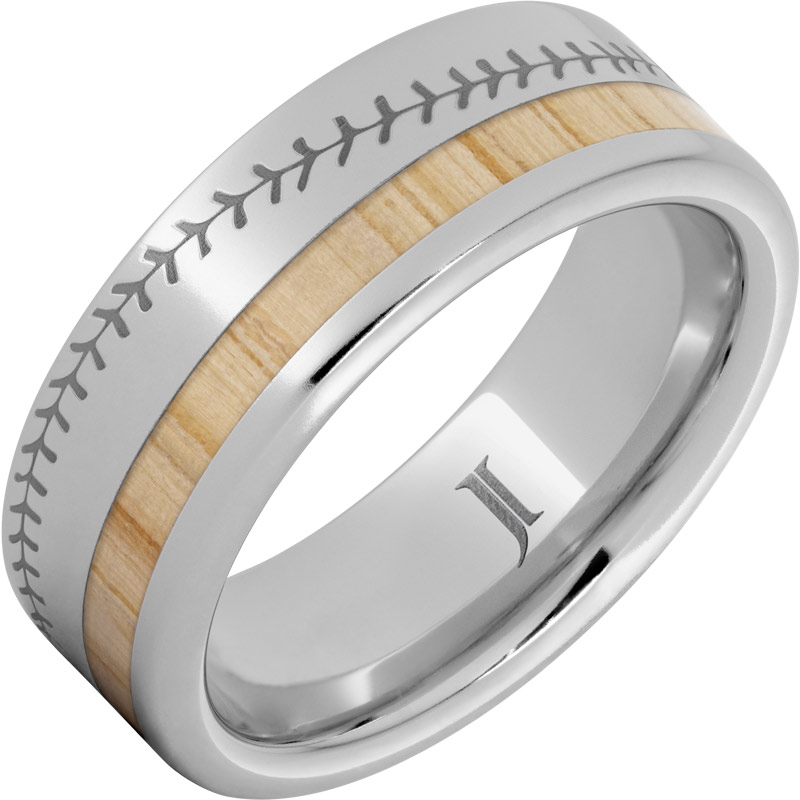 National Pastime Collection - Serinium?Ring with White Ash Vintage Baseball Bat Wood Inlay and Baseball Stitch Engraving