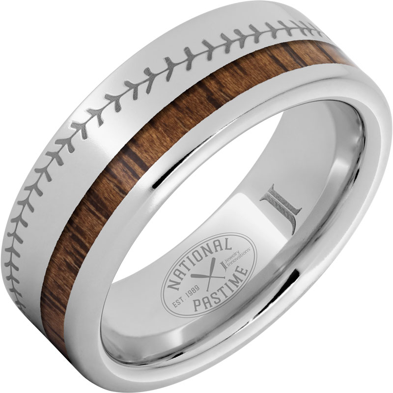 National Pastime Collection - Serinium?Ring with Hickory Vintage Baseball Bat Wood Inlay and Baseball Stitch Engraving